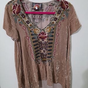 Johnny Was Tan Embroidered Velvet Blouse